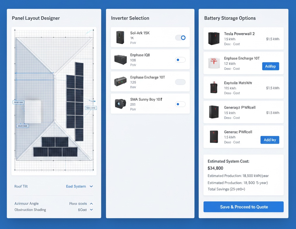 Solar system configuration interface showing panel layout designer, inverter selection, and battery storage options