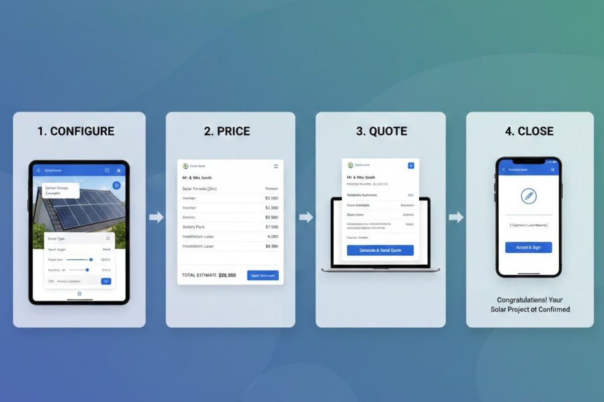 4-step solar CPQ workflow showing Configure, Price, Quote, and Close stages with UI screenshots